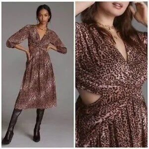 NWT Anthropologie Brown Chiffon Animal Print Cutout Sides Midi Dress Size Large